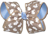 Large Small White Easter Bunnies on Khaki Canvas over Millenium Blue Double Layer Overlay Bow